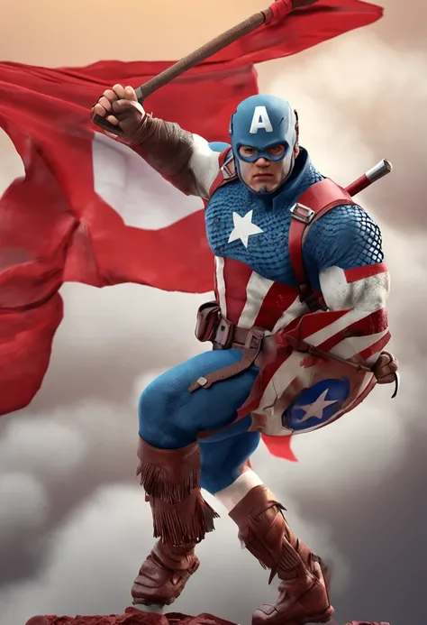 isometric view of Captain America , Hyper-realistic cute carrying dragon Warrior Flag. wearing chinese rice hat. pele vermelha. cinemactic, hiper detalhado, red and white thunder background , altamente detalhado, reduzido,