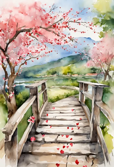 Tanabata Valentines Day romantic poster，Close-up of a man and a woman kissing on a wooden bridge，Peach blossoms bloom on both sides of the river，Countless pink petals fell from the sky，Several magpies flew around in the sky，