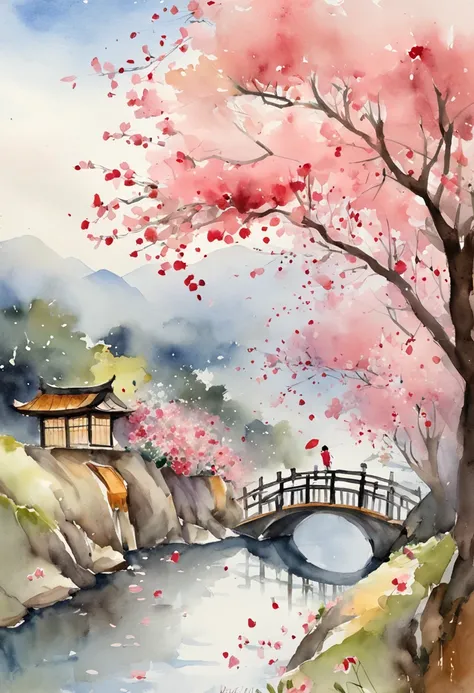 Tanabata Valentines Day romantic poster，Close-up of a man and a woman kissing on a wooden bridge，Peach blossoms bloom on both sides of the river，Countless pink petals fell from the sky，Several magpies flew around in the sky，