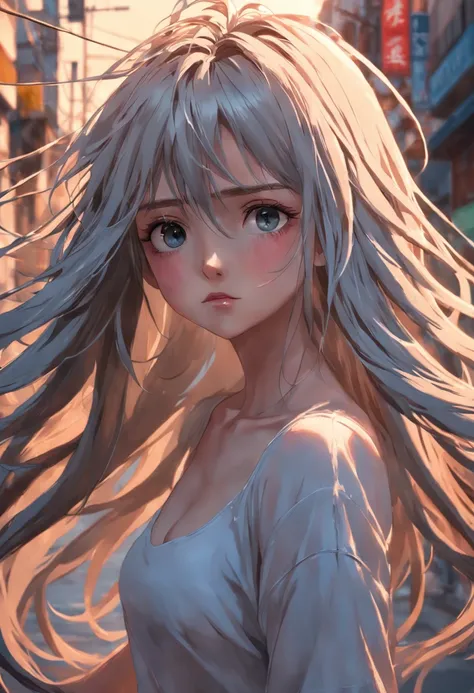 "Uma mulher confiante e estilosa, usando uma minissaia justa e uma blusa branca com um toque de decote, her long messy hair adding to her fascination. The scene is rendered in stunning 8k resolution with photorealistic detail and smooth shading, criando um...