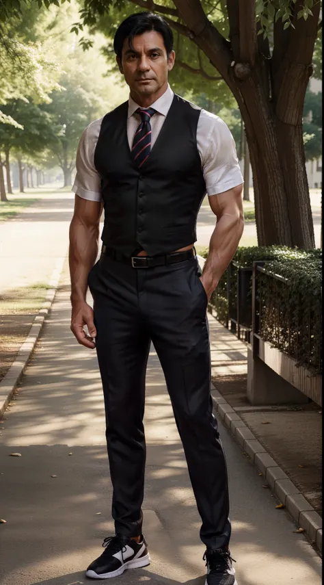 full body image front view of a muscular french male fighter, aged 43 years, with black hair, wearing a tie and a pair of workout gloves, dressed up in a short sleeved silk shirt under a vest, linen pants, a leather belt and a pair of sports shoes, standin...