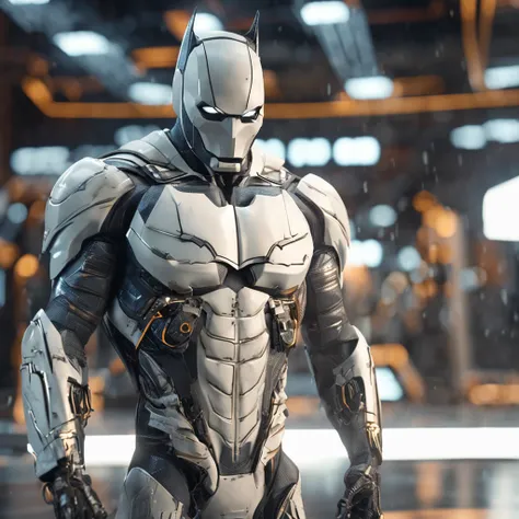 spectacular, Master parts, :The realistic White Batman focuses on the advanced cybernetic suit Orba Prima, high high quality ::n_Style drawing, Low-quality defects,