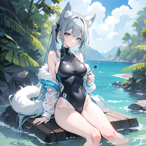 Young girl with slender stature Long dark gray hair Light blue hairpin with animal ears on her head Furry tail behind her body Wearing a blue-gray swimsuit Sitting on a fluorescent green swimming ring In the water by the sea