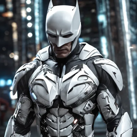 spectacular, Master parts, :The realistic White Batman focuses on the advanced cybernetic suit Orba Prima, high high quality ::n_Style drawing, Low-quality defects,