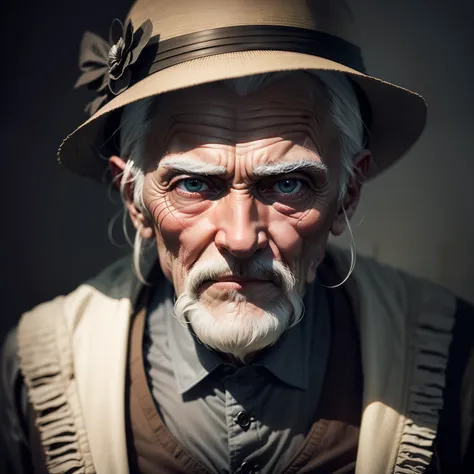 An old gentleman with silver hair and deep wrinkles, whose sinister eyes seem to have been keeping dark secrets for centuries, observa silenciosamente da penumbra.