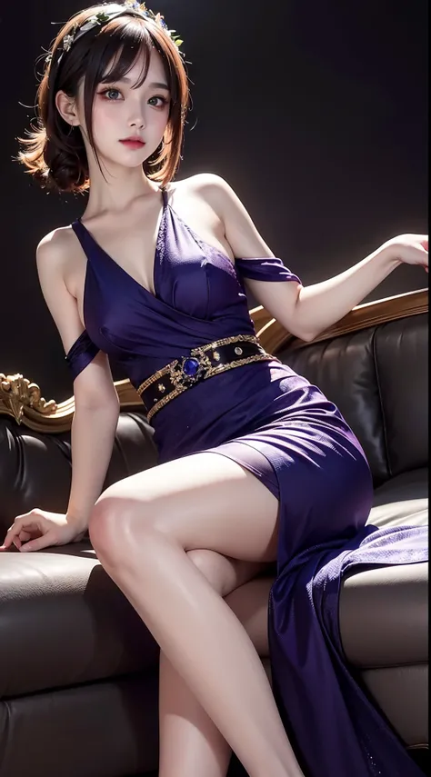 8K ultra hd, Masterpiece, beautiful cute girl, cute face, detailed eyes, medium breathe, purple dress, fantacy dress, dim light, cool background, sitting, whole body capture,