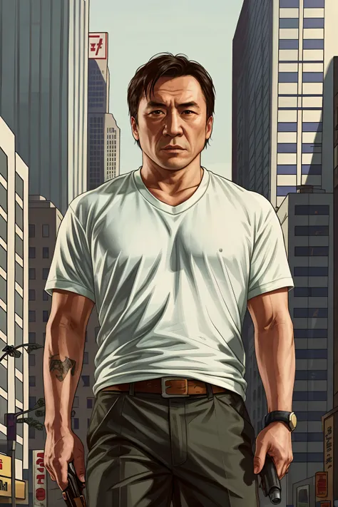 gtav loading screen 2d art, jackie chan as gta5 character, cinematic composition, standing in front of a city, shaders, bright c...