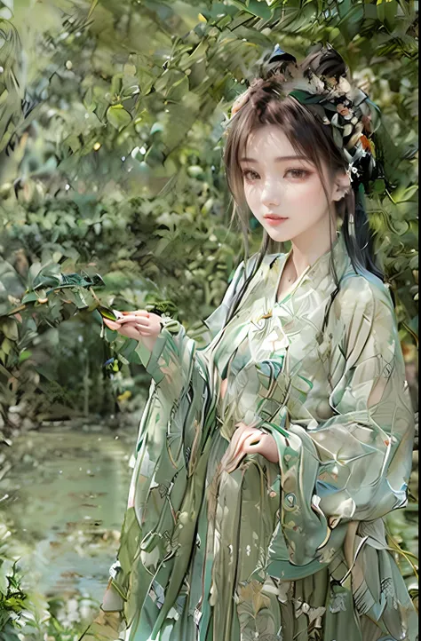 An ancient Chinese beauty standing by the river，中景 the scene is，Wearing ancient Chinese clothing，Flowing tulle silk，（Detailed and perfect facial details），（Beautiful and affectionate eyes），Flowing silky hair，Pavilion，Flying birds，The vista is a mound...