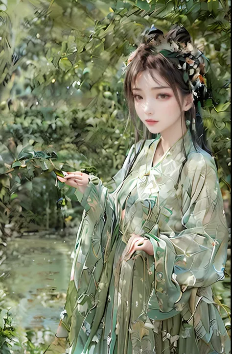 An ancient Chinese beauty standing by the river，中景 the scene is，Wearing ancient Chinese clothing，Flowing tulle silk，（Detailed and perfect facial details），（Beautiful and affectionate eyes），Flowing silky hair，Pavilion，Flying birds，The vista is a mound...