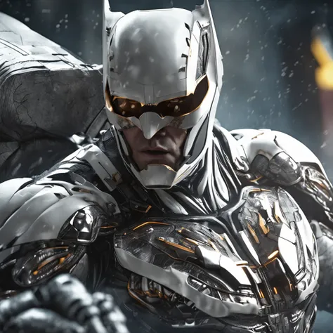 spectacular, Master parts, :The realistic White Batman focuses on the advanced cybernetic suit Orba Prima, high high quality ::n_Style drawing, Low-quality defects,