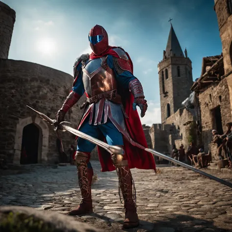 Marvel at the magical spider - the man who served as a medieval themed knight, Full set of red and blue glittering armor, Intricate details, Depicted in action poses, holds a spear, Medieval town in the background, Photorealistic, Dramatic lighting, Beauti...