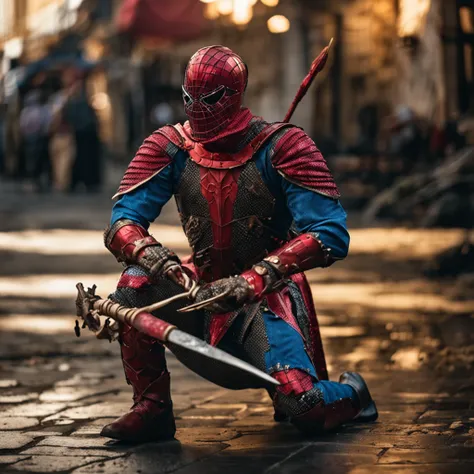 Marvel at the magical spider - the man who served as a medieval themed knight, Full set of red and blue glittering armor, Intricate details, Depicted in action poses, holds a spear, Medieval town in the background, Photorealistic, Dramatic lighting, Beauti...