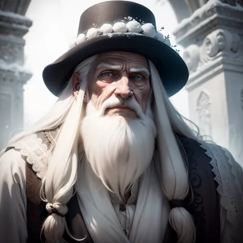 A long-haired old gentleman, as white as snow, with deep wrinkles that tell ancient stories, it holds sinister eyes that seem to have kept dark secrets for centuries, observando silenciosamente da penumbra.