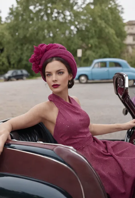 35mm portrait A beautiful woman with a hat on her head and a scarf around her neck driving a blue Beetle convertible, convertible car, Movie city and some trees with pink leaves, lighting dramatic, Ultra resolution, reflections on the ground and overcast s...