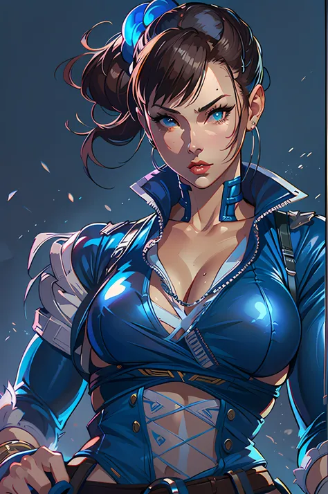 a woman in a blue outfit and boots is posing, character from king of fighters, chun-li, chun - li, chun li, portrait of chun - l...