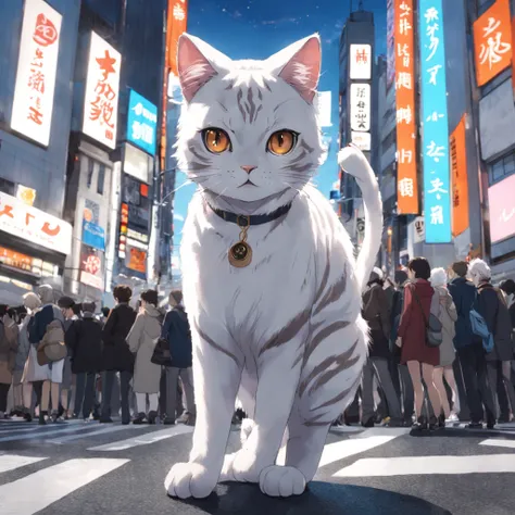 Un chat blanc faisant une pose de chat, Ultra High Definition and Ultra High Resolution, city in the background, zebra crossing, Feu rouge, Tokyo, Shibuya Crossing, crowded