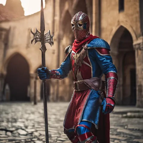 Marvel at the magical spider - the man who served as a medieval themed knight, Full set of red and blue glittering armor, Intricate details, Depicted in action poses, holds a spear, Medieval town in the background, Photorealistic, Dramatic lighting, Beauti...