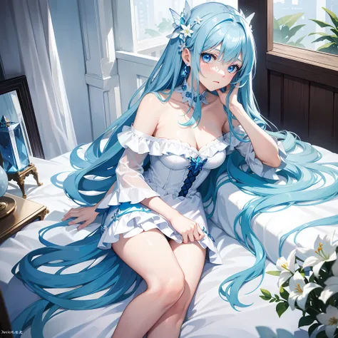 long azure hair，Crystal blue eyes，A blue lily on the head，Blue-white off-the-shoulder dress，white stockings，Hair curtains，oversleeve，Crystal blue butterfly，Dressing table in the room，Chu Chu pitiful look，Gentle