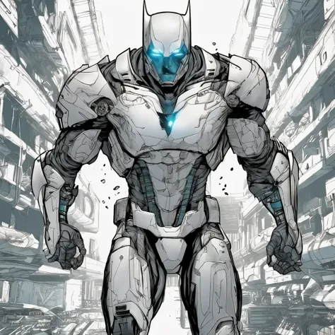 spectacular, Master parts, :The realistic White Batman focuses on the advanced cybernetic suit Orba Prima, high high quality ::n_Style drawing, Low-quality defects,