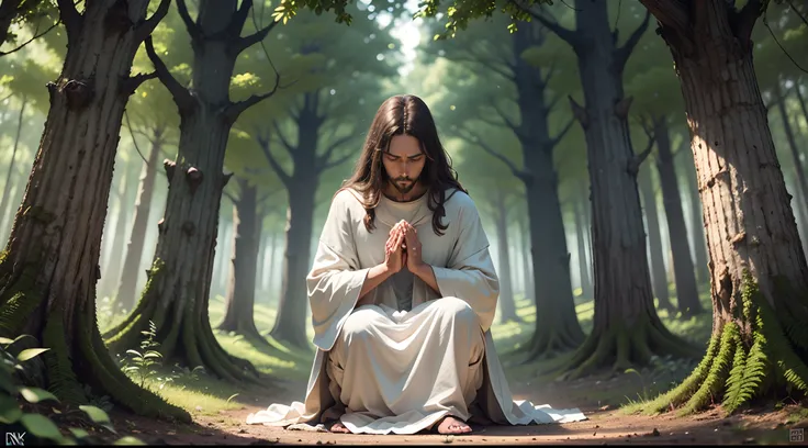 Jesus praying at night ,ajoelhado dentro de um bosque lindo realista 4k