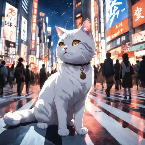 Un chat blanc faisant une pose de chat, Ultra High Definition and Ultra High Resolution, city in the background, zebra crossing, Feu rouge, Tokyo, Shibuya Crossing, crowded, night,