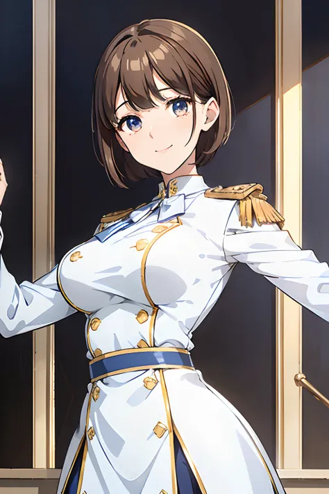 elite school uniform, blue white gold uniform, white skirt, white top, blue ribbon, golden buttons, golden shoulder pats, young adult, 19 years, brown hair, short hair, invisible layer haircut cut, dark brown eyes, beautiful eyes, big breast, cunning smile...