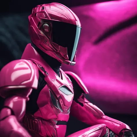 Portrait of futuristic pink Power Ranger from space, fashion, editorial, fotografia editorial, capa de revista, 4k, boneca, intricate details, black studio background, fundo preto, black background ::n_ low quality, full body, face, signature, mark, waterm...