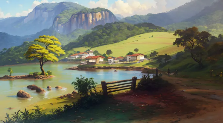 pintura de um rio que atravessa um vale verde exuberante com montanhas ao fundo, colinas fluidas, 8k resolution digital painting, 8k resolution digital painting, Pintura digital 4K, Pintura digital 4k, pintura digital detalhada, baixo detalhamento. pintura...