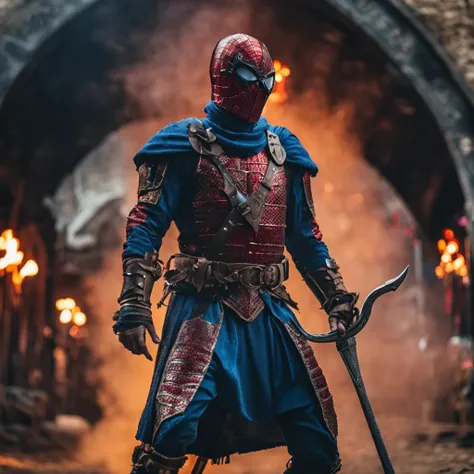 Marvel at the magical spider - the man who served as a medieval themed knight, Full set of red and blue glittering armor, Intricate details, Depicted in action poses, holds a spear, Medieval town in the background, Photorealistic, Dramatic lighting, Beauti...