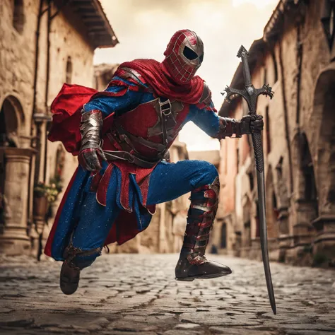 Marvel at the magical spider - the man who served as a medieval themed knight, Full set of red and blue glittering armor, Intricate details, Depicted in action poses, holds a spear, Medieval town in the background, Photorealistic, Dramatic lighting, Beauti...