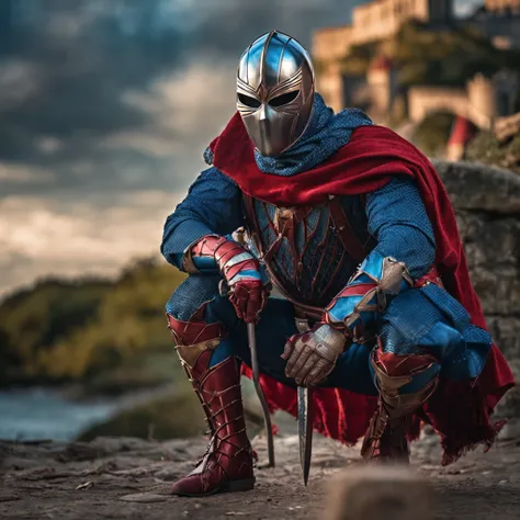 Marvel at the magical spider - the man who served as a medieval themed knight, Full set of red and blue glittering armor, Intricate details, Depicted in action poses, holds a spear, Medieval town in the background, Photorealistic, Dramatic lighting, Beauti...