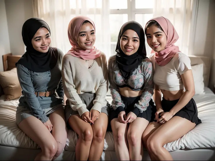 3 malay girls, (happy smile, laughing: 1.1), 8k, RAW portrait of malay girls with pompom plain hijab, 80mm, ultra high resolution, top quality, break wearing bra and high waist short pleated skirt, (looking down at the viewer from below), big, modern grey ...