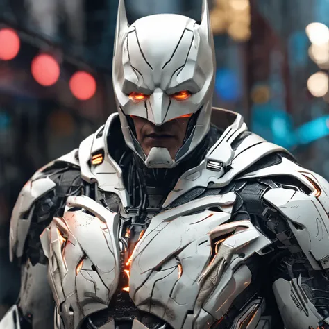 spectacular, Master parts, :The realistic White Batman focuses on the advanced cybernetic suit Orba Prima, high high quality ::n_Style drawing, Low-quality defects,