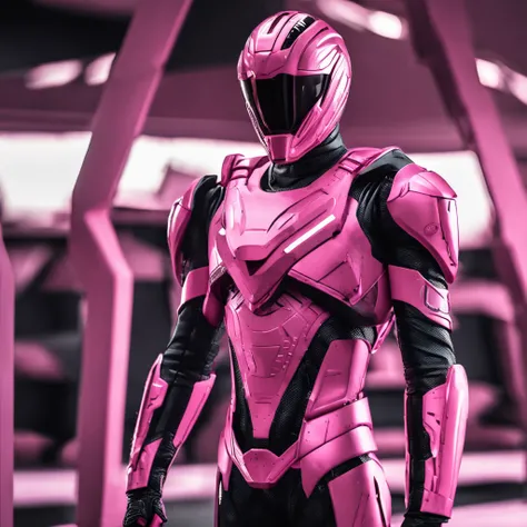 Portrait of futuristic pink Power Ranger from space, fashion, editorial, fotografia editorial, capa de revista, 4k, boneca, intricate details, black studio background, fundo preto, black background ::n_ low quality, full body, face, signature, mark, waterm...