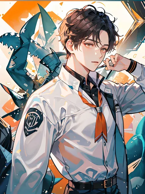 ((Best quality at best、A masterpice))、comic book art、schoolboy、tmasterpiece、short detailed hair、brunette color hair、Orange eyes、CasualClothing、Light、The upper part of the body、There is a shark motif on the clothes。