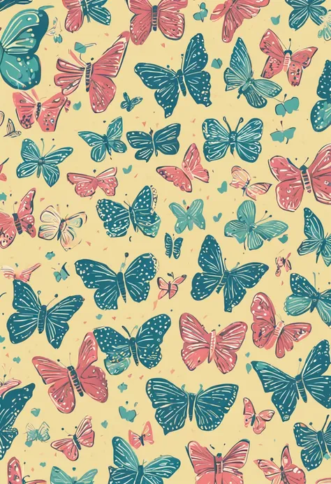 Small butterfly pattern label style, estilo plano, estilo vetorial, papel de parede plano, estilo de desenho, naïve style, em cores muito suaves, as baby blue, rosa claro, ROSA claro, azul, amarelo claro, branco marfim. FUNDO VERDE CLARO