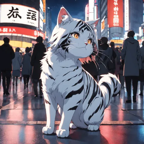 Un chat blanc faisant une pose de chat, Ultra High Definition and Ultra High Resolution, city in the background, zebra crossing, Feu rouge, Tokyo, Shibuya Crossing, crowded, Nuit, wearing vivi ornitier hat, wizard hat