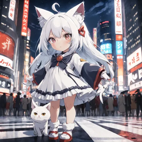 Un chat blanc faisant une pose de chat, Ultra High Definition and Ultra High Resolution, city in the background, zebra crossing, Feu rouge, Tokyo, Shibuya Crossing, crowded, Nuit, wearing vivi ornitier hat, wizard hat