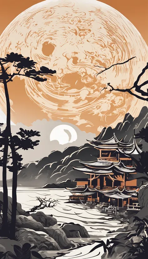 An idyllic Chinese mural, A huge full moon in the sky，Silhouette of a rabbit in the moon，Wine，Moon cake，Light white style, Layered landscape, japanese style art, monumental murals, Ricoh FF-9D, Golden Age aesthetics, Exotic landscape