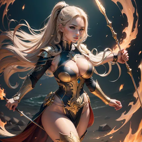 Kohler Kardashian, Wearing a super girl costume, A heroine, Full-body adolescent female Greek gods wear intricate armor，Control a fierce fire dragon, holding arrow, Glowing skin, Detailed cuirass, Wild flowing hair, bigbreasts, Art germ, Ultra-detailed int...