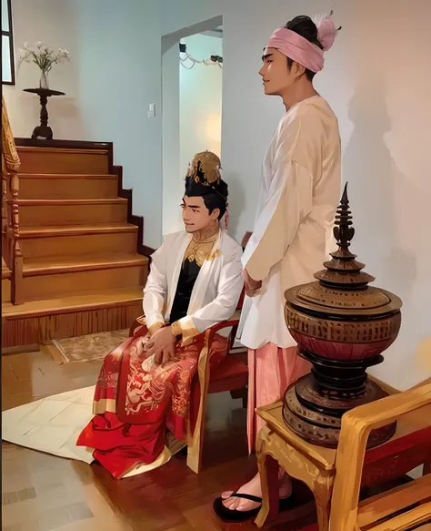 There is 1 man standing behind soon oat lacquareware bowl handicraft, Myanmar style, ancient Burmese costume, he is wearing traditional Burmese tho yin long silk shirt white color, there is silk ivory colored turban around his head and two pieces of silk i...