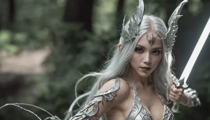 A female fairy with long platinum green hair blindfolded with silver crystal wings wearing gleaming white armor wielded a luminous spear that emanates a lot of darkness and a strong shield that the harder rock poses while radiating an aura of negative horr...