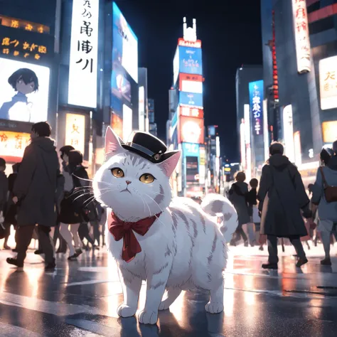 Un chat blanc faisant une pose de chat, wearing wizard hat, Ultra High Definition and Ultra High Resolution, city in the background, zebra crossing, Feu rouge, Tokyo, Shibuya Crossing, crowded, Nuit,