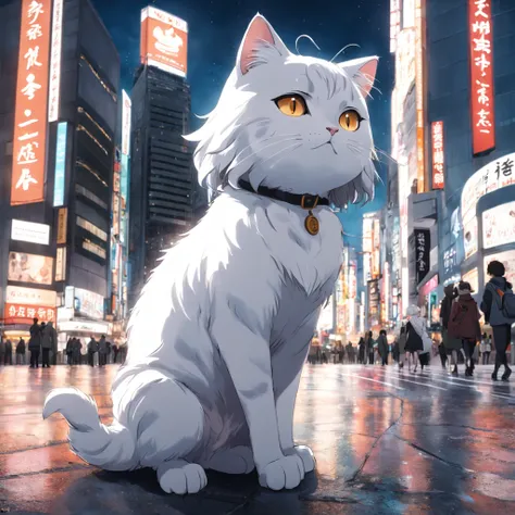 Un chat blanc faisant une pose de chat, wearing wizard hat, Ultra High Definition and Ultra High Resolution, city in the background, zebra crossing, Feu rouge, Tokyo, Shibuya Crossing, crowded, Nuit,