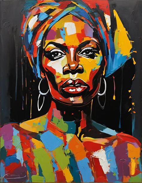 Pintura facial de  Mujer africana, sobre un fondo negro, Cara abstracta, Retrato abstracto, Cara estilizada, Pintura de arte pop, Cara detallada altamente expresiva, Expresivo rostro femenino, estilo Picasso, Una pintura de arte pop, Hermosa pintura expres...