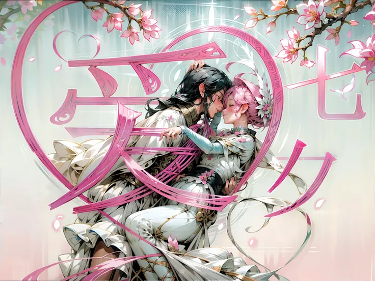 Romantic couple kissing in the wind，Oriental elements，Beautiful transparent man and woman kissing､Beautiful pink roses、transparent feathers､kindly smile､Summer background､Gentle and transparent fairy､WaterColor Paint