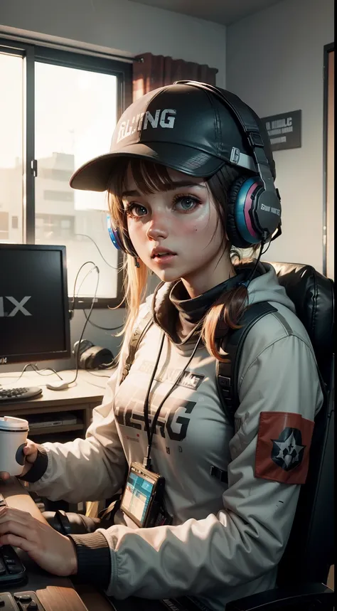 Girl gamer with headphones, gaming room, pubg player