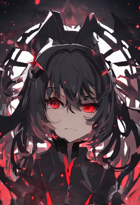 anime character with red eyes and black hair in a dark room, albedo from the anime overlord, albedo from overlord, menacing look, portrait gapmoe yandere grimdark, code geass, with glowing yellow eyes, “ anime, fus rei, gapmoe yandere grimdark, badass anim...