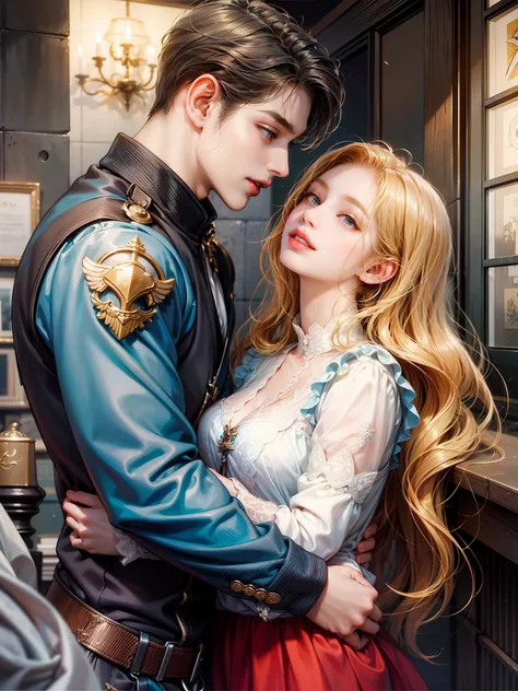 A masterpiece，best qualtiy，Super detailed illustration，In the background there is a pair of long-blonde girls and brunette boys kissing sweetly，Height difference 1.3，The wind blows，Deliver happy love，It gives the feeling of upper body visual art。