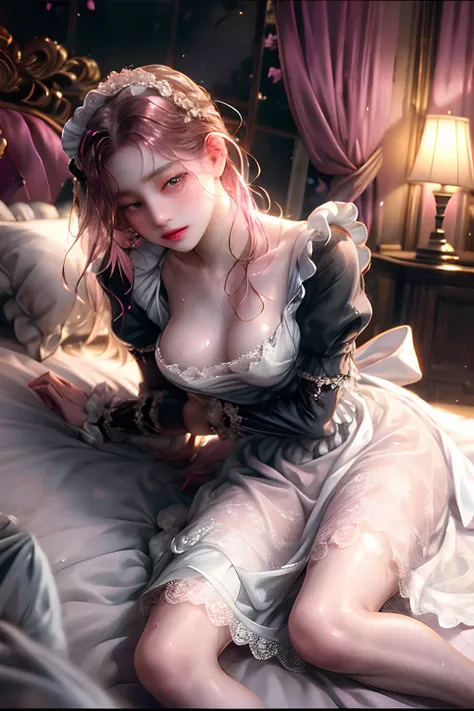 Young maid of one of the nobles、((Viewers Perspective))、(((Monotone Maid Clothes)))Normal breasts、sweat-wet skin、on the beds、Wide legs open、((Brothels))、(((Pink lighting)))